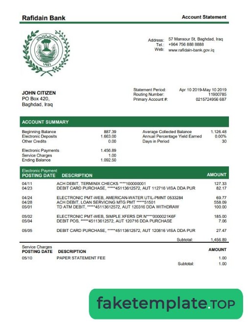 Feature of fake Iraq Rafidain Bank